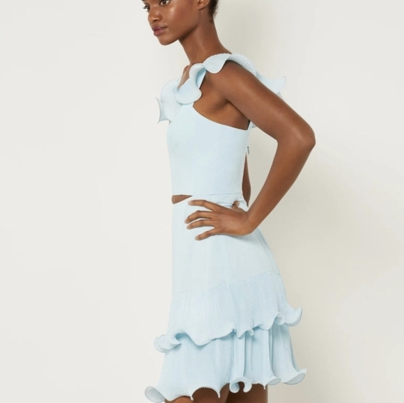 BCBGMaxAzria Asher Powder Blue Flutter Sleeve Mini Cutout Frilly Ruffle dress - Picture 3 of 10